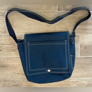 Navy Blue Canvas Shoulder Bag 15”x13”x4” Unbranded Lined with colorful fabric